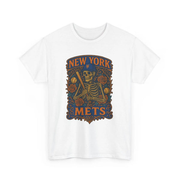 White crew-neck T-shirt with centered New York Mets skeleton crest graphic