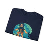 Navy crewneck sweatshirt with surfing character front graphic and Life is dead. text
