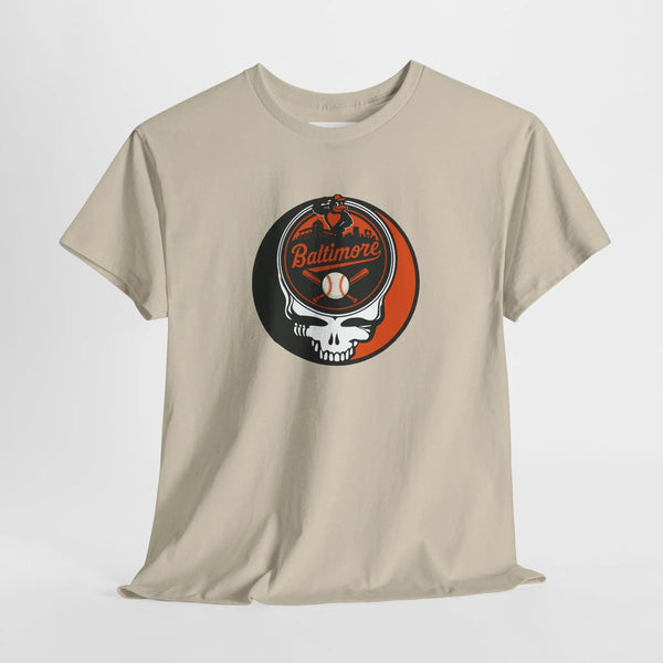 Sand crewneck graphic T-shirt featuring Baltimore skull and bird with baseball