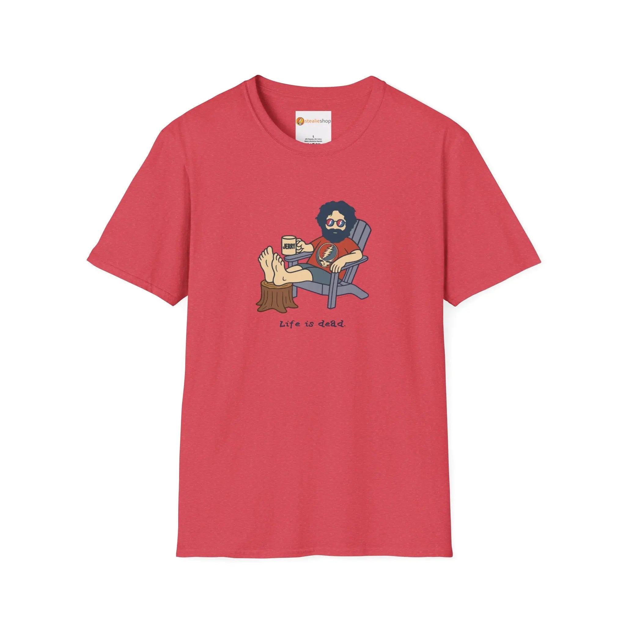 Heather red graphic T-shirt with crew neck and illustrated seated character on front