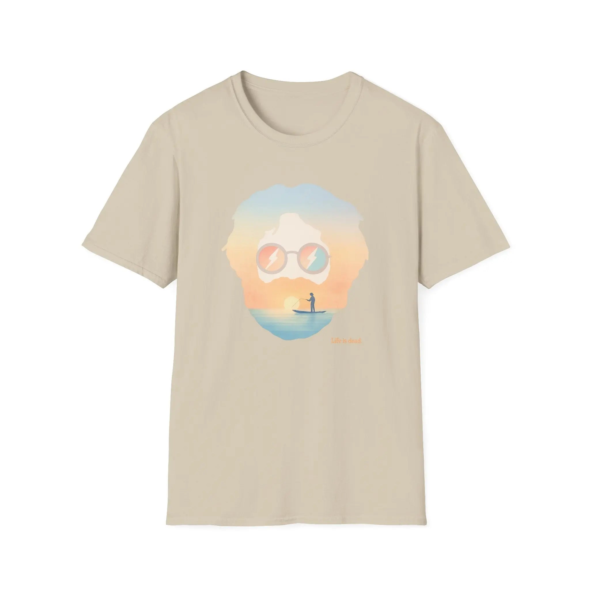 Sand crew-neck graphic T-shirt with portrait sunglasses and sunset beach scene print
