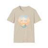 Sand crew-neck graphic T-shirt with portrait sunglasses and sunset beach scene print