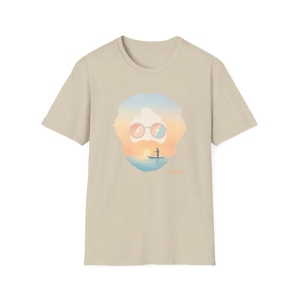 Sand crew-neck graphic T-shirt with portrait sunglasses and sunset beach scene print