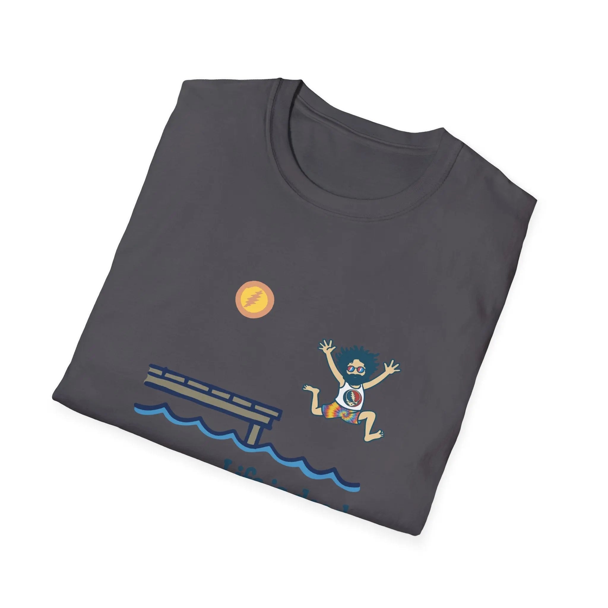 Charcoal crewneck T-shirt with blue lake scene and cartoon character graphic