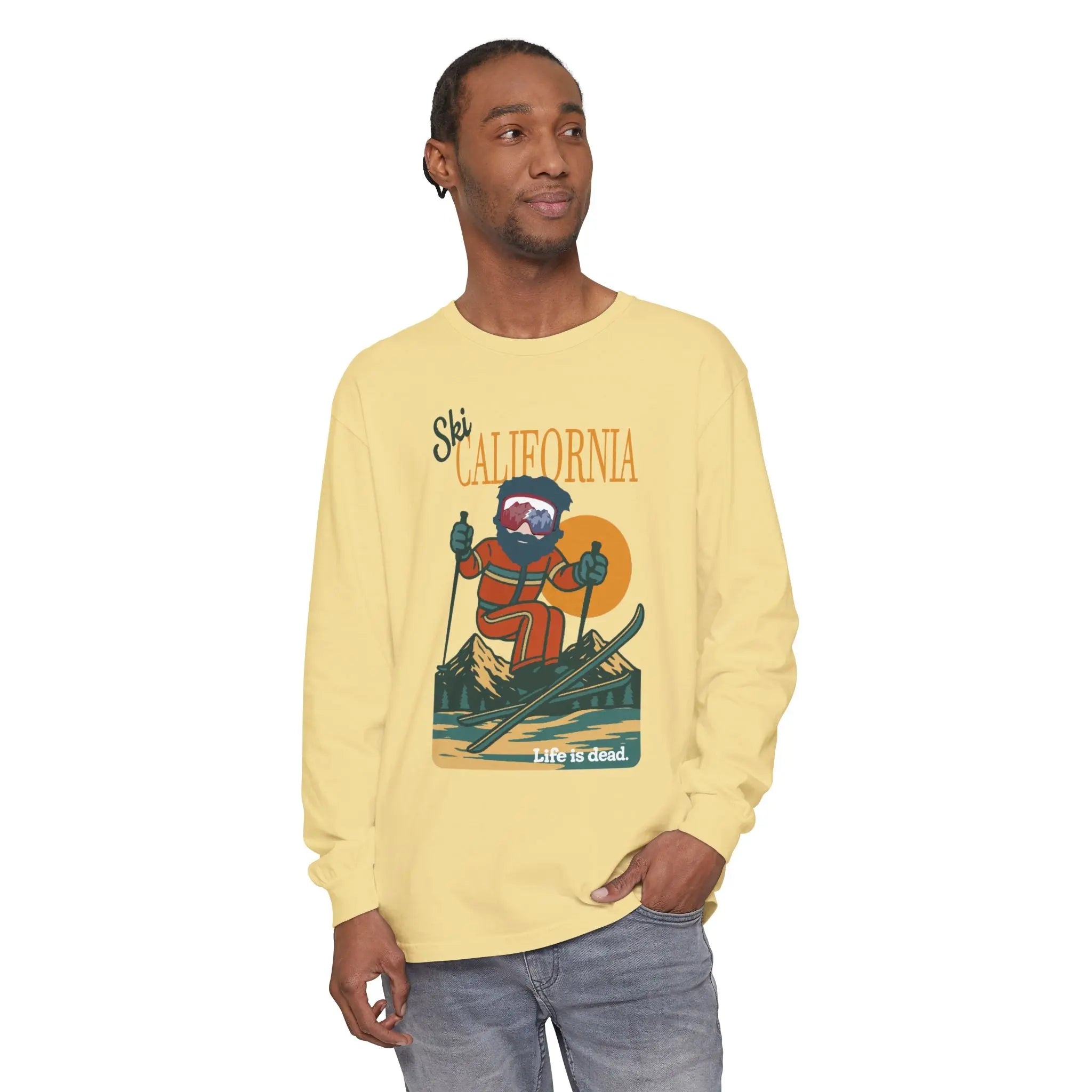 Garment-dyed long sleeve t-shirt with front illustrated graphic, butter yellow