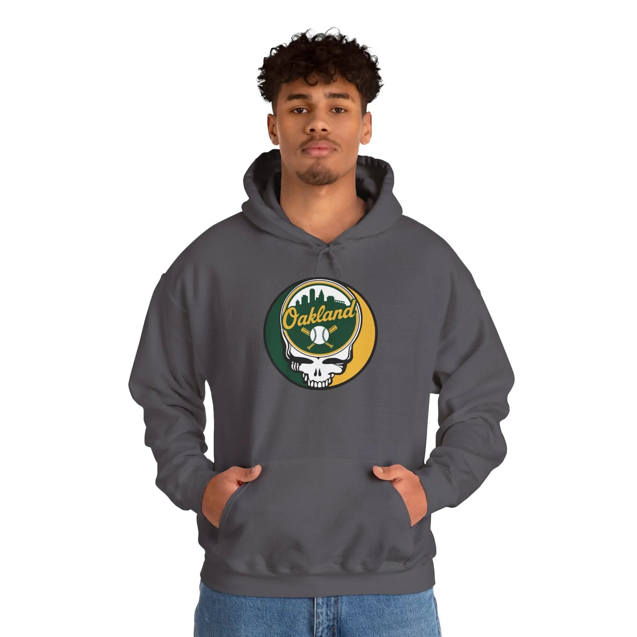 Dark gray hoodie with hood and front pouch pocket, Oakland logo skull baseball graphic.
