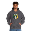 Dark gray hoodie with hood and front pouch pocket, Oakland logo skull baseball graphic.