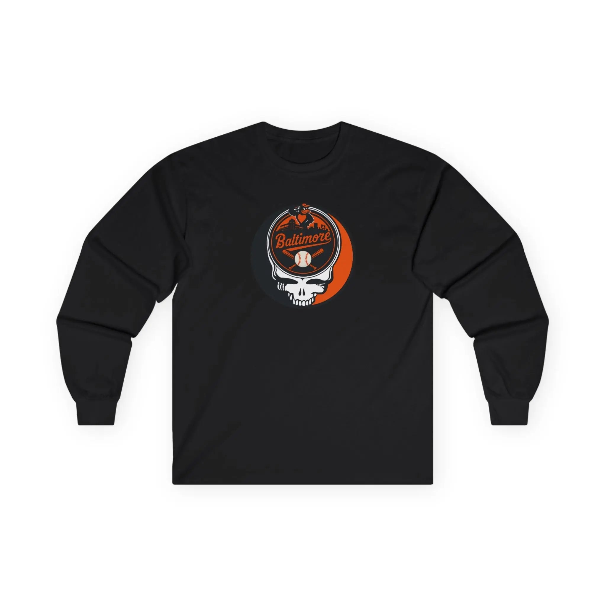 Black long-sleeve T-shirt with Stealie skull logo, centered on front