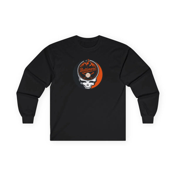 Black long-sleeve T-shirt with Stealie skull logo, centered on front