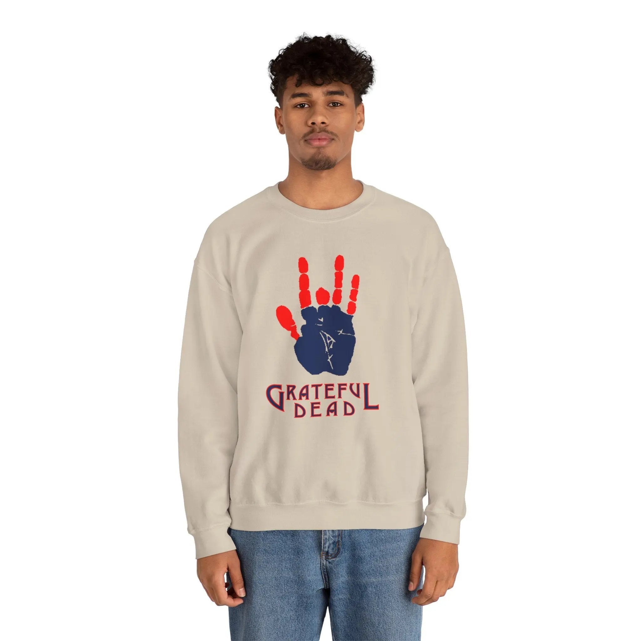 Sand crewneck sweatshirt with red handprint and “Grateful Dead” text on chest