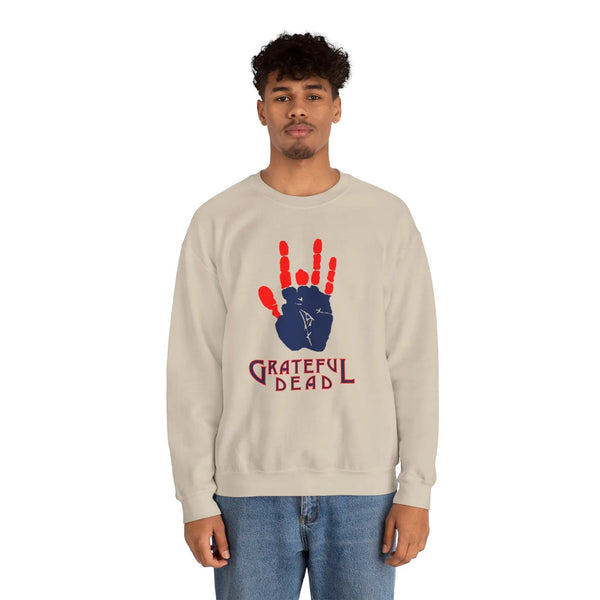 Sand crewneck sweatshirt with red handprint and “Grateful Dead” text on chest