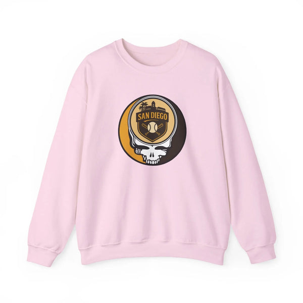 Light pink crewneck sweatshirt with long sleeves and San Diego skull graphic