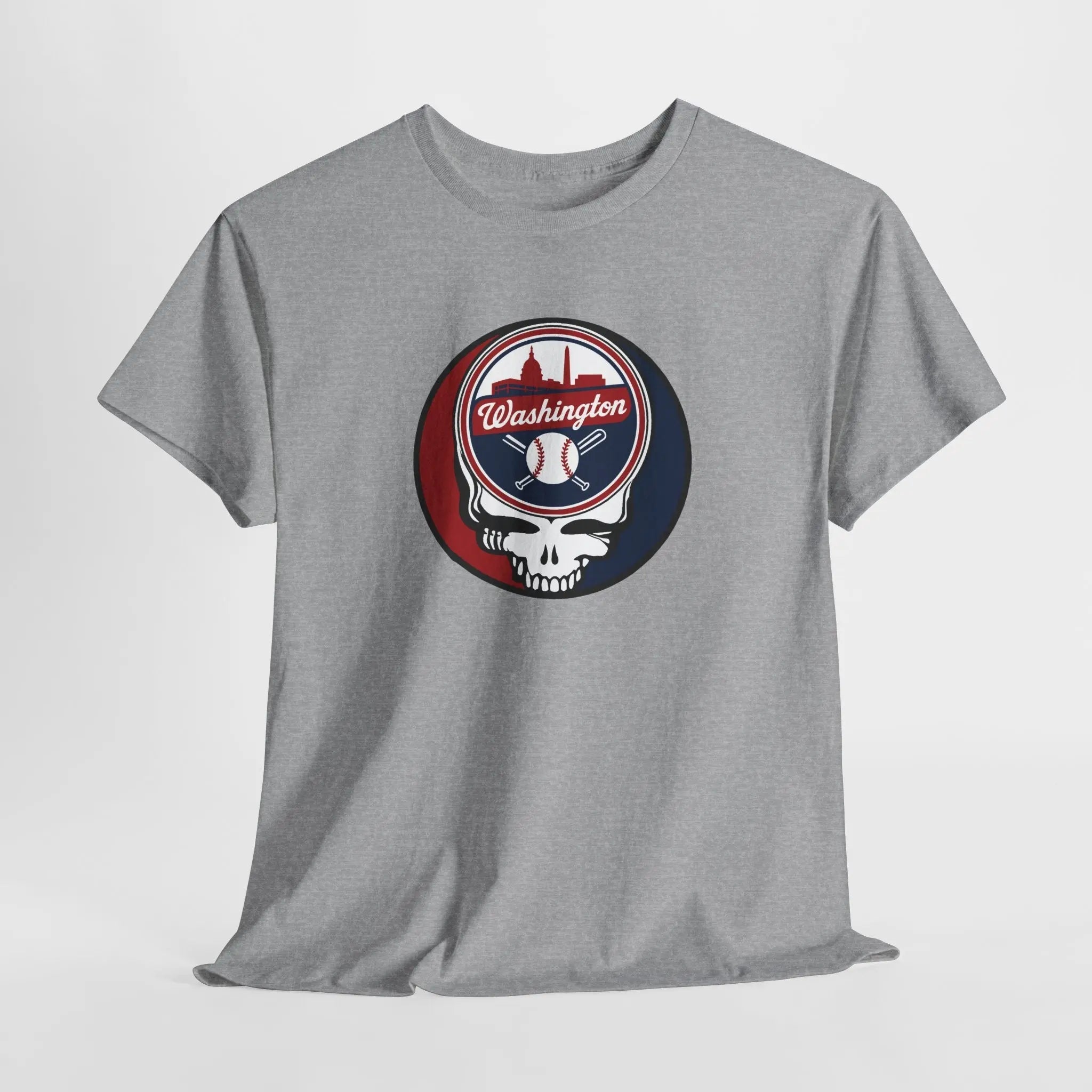 Light gray crewneck T-shirt with circular Washington baseball skull logo graphic