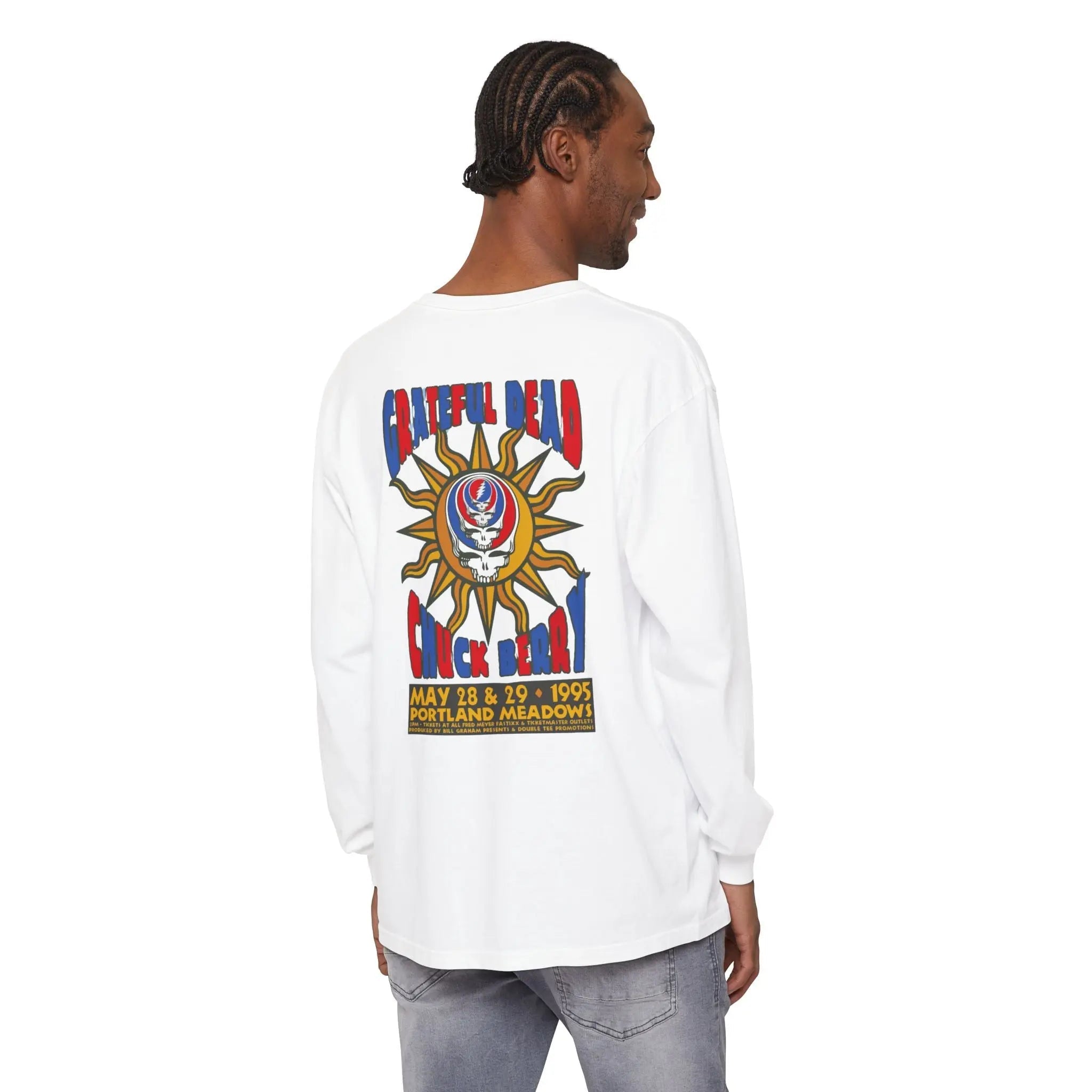 White long-sleeve T-shirt with large back festival skull graphic in red, blue, yellow