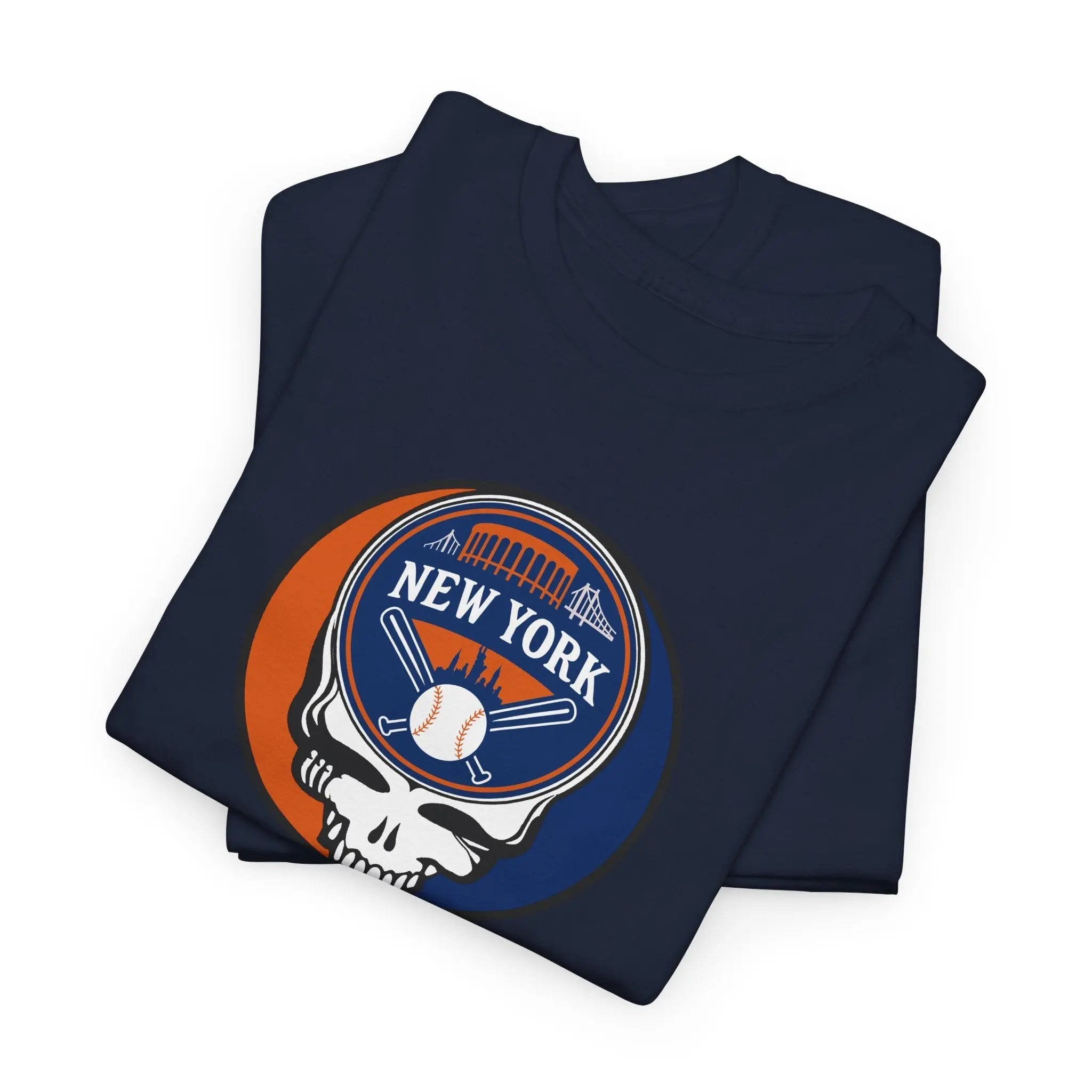 Navy T-shirt with circular New York Mets logo skull graphic on chest