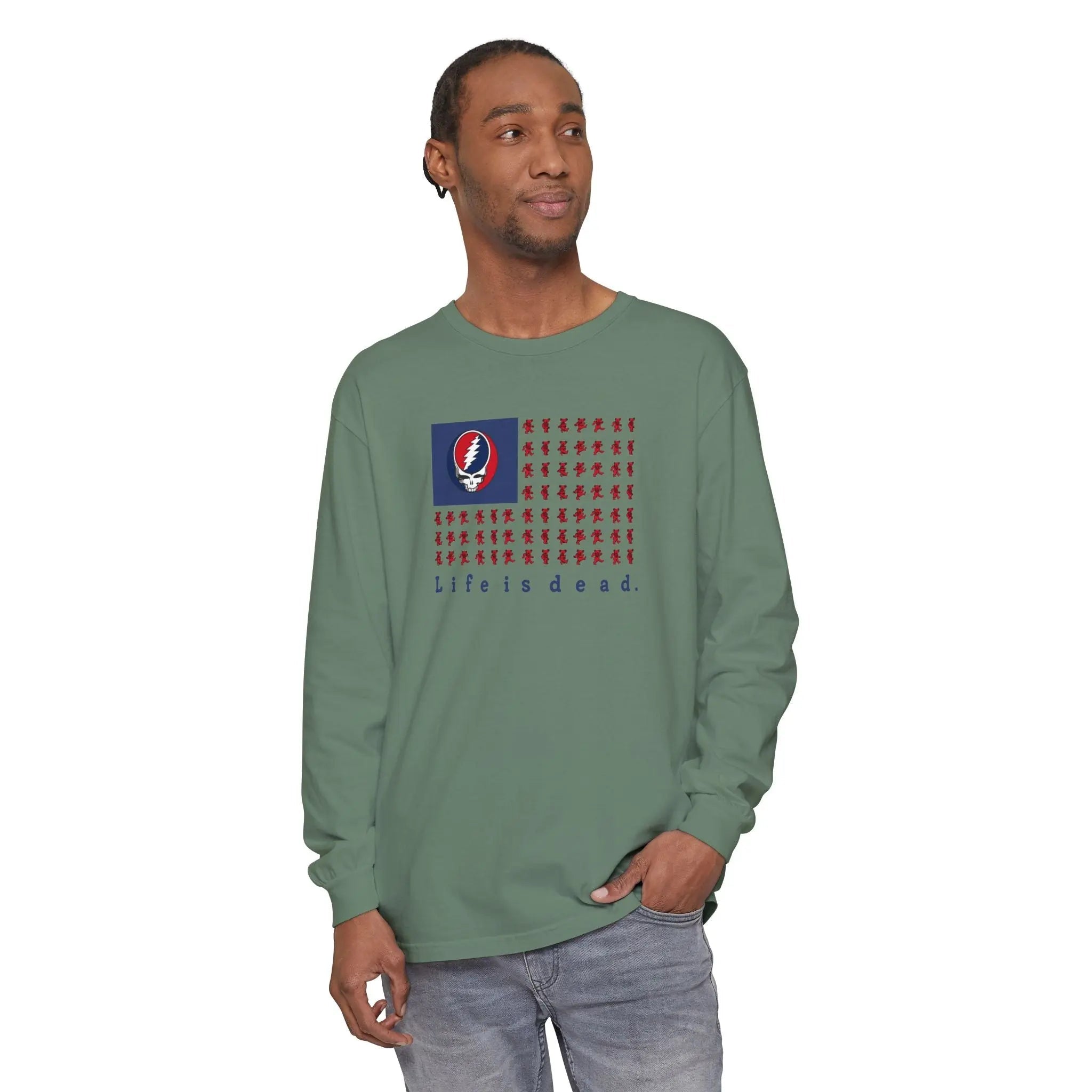 Green long-sleeve t-shirt with chest flag graphic and Life is dead print
