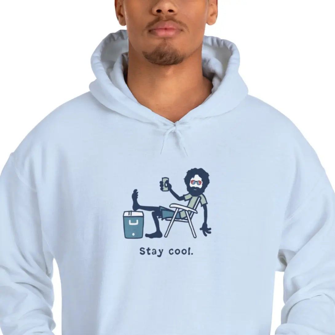 Light blue hoodie with Stay cool graphic on the chest, drawstring hood