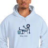 Light blue hoodie with Stay cool graphic on the chest, drawstring hood