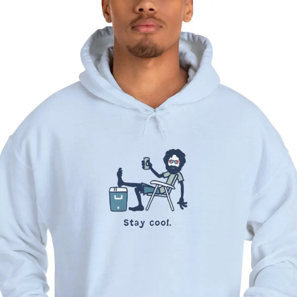 Light blue hoodie with Stay cool graphic on the chest, drawstring hood