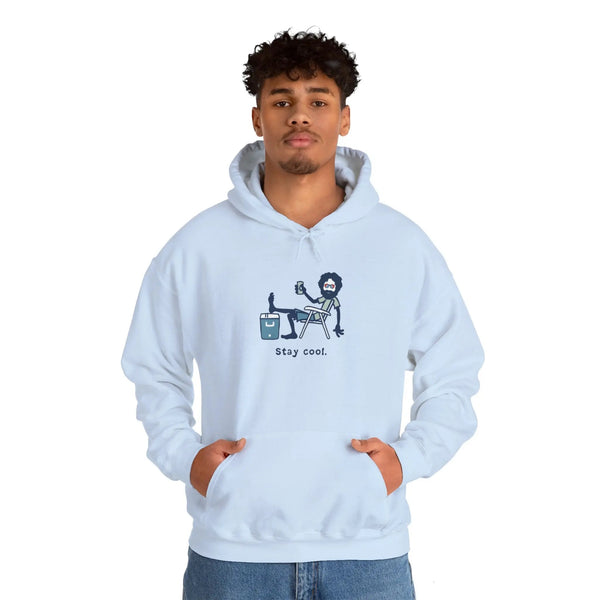Light blue pullover hoodie with front kangaroo pocket and Stay cool graphic
