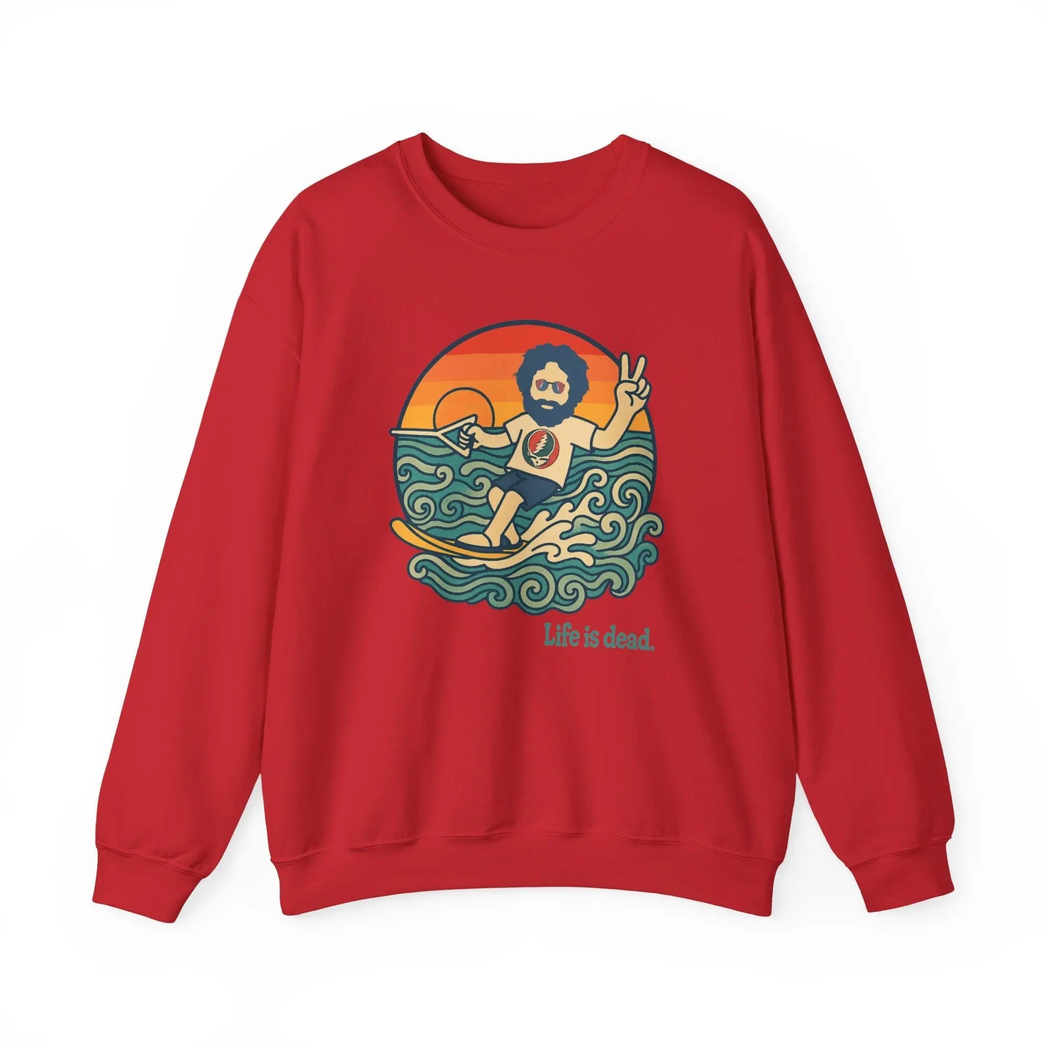 Red crewneck sweatshirt with waterski graphic and 'Life is dead' front print