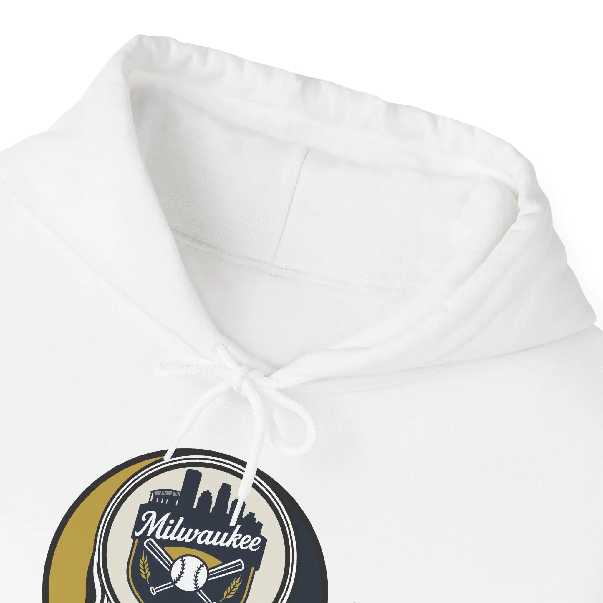 White hoodie close-up of drawstring hood and Milwaukee logo patch