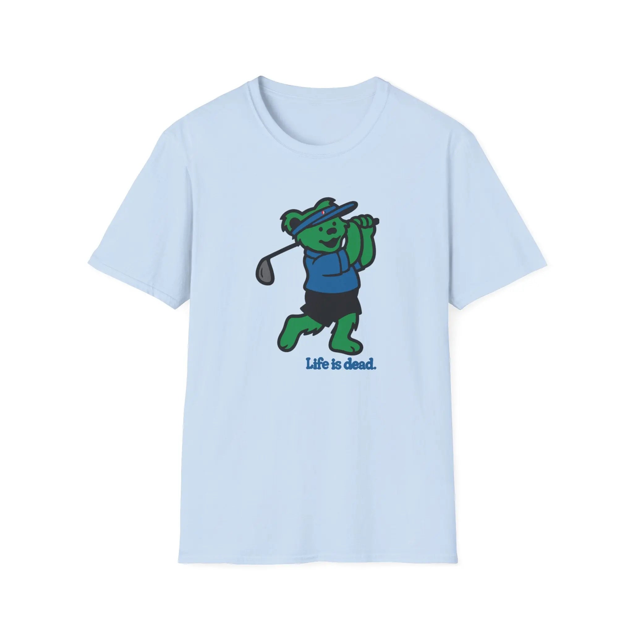 Light blue graphic T-shirt with cartoon bear golfing and 'Life is dead.' print