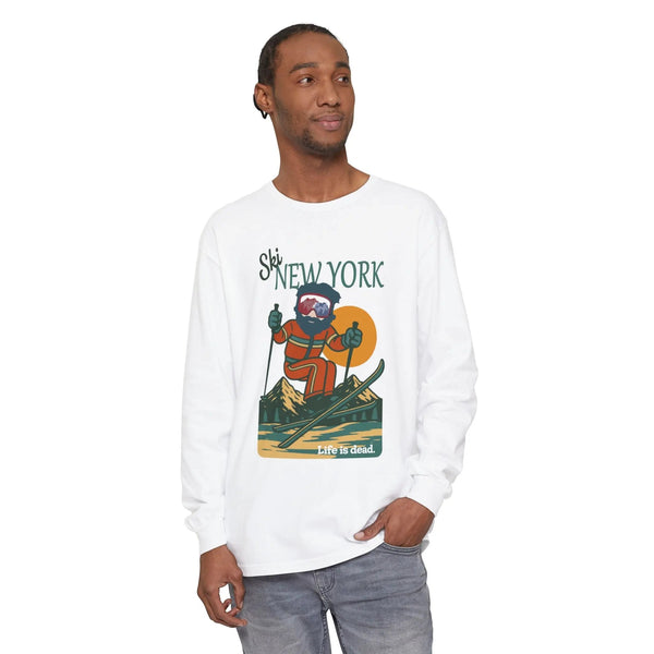 Long-sleeve graphic T-shirt, white crew neck, front illustrated print