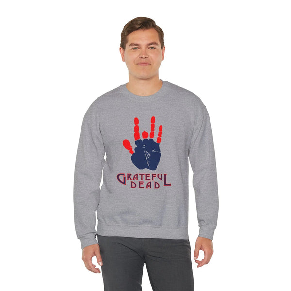 Sport grey crewneck sweatshirt with red handprint and “Grateful Dead” text on chest