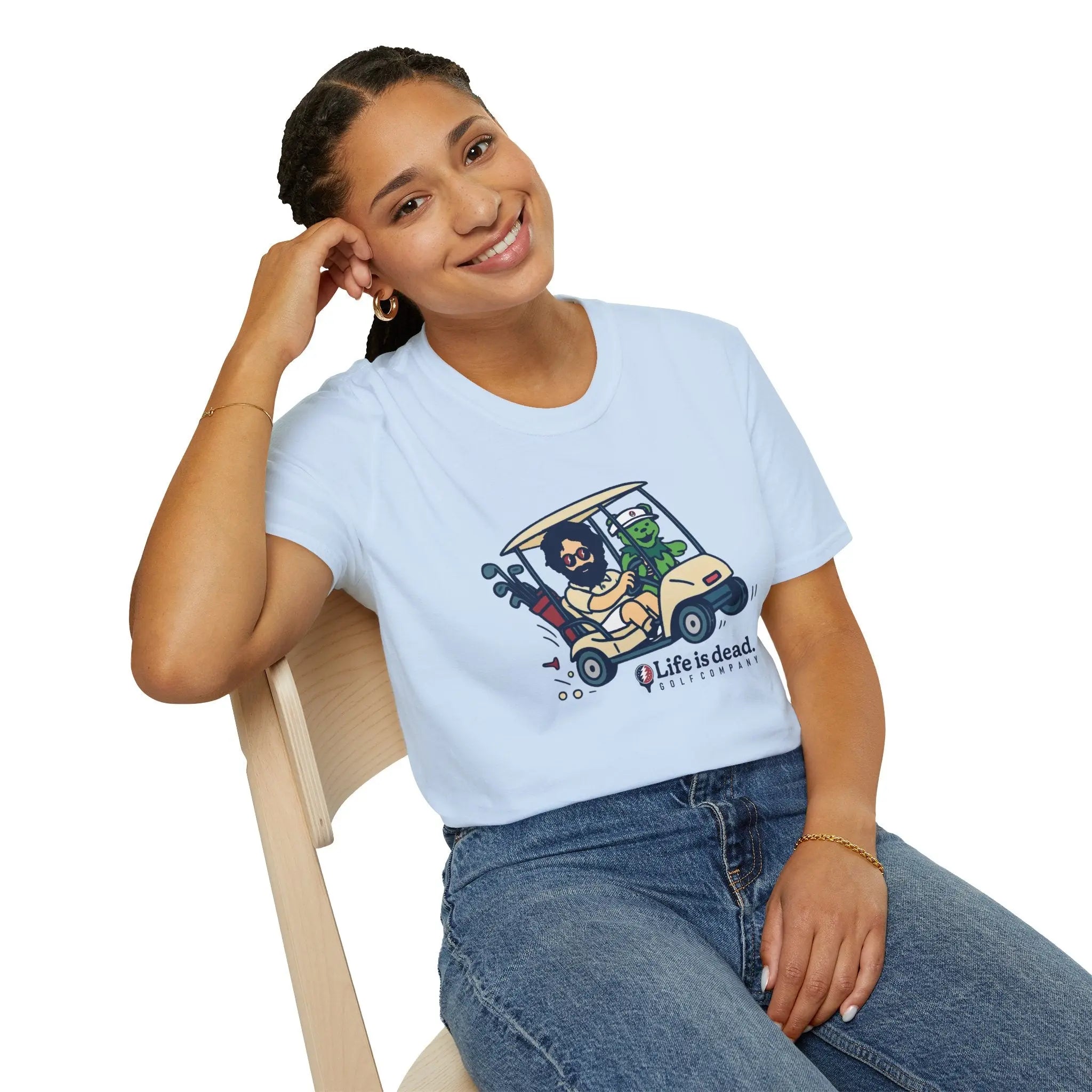 Light blue graphic T-shirt with golf-cart cartoon and “Life is dead” front print
