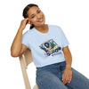 Light blue graphic T-shirt with golf-cart cartoon and “Life is dead” front print