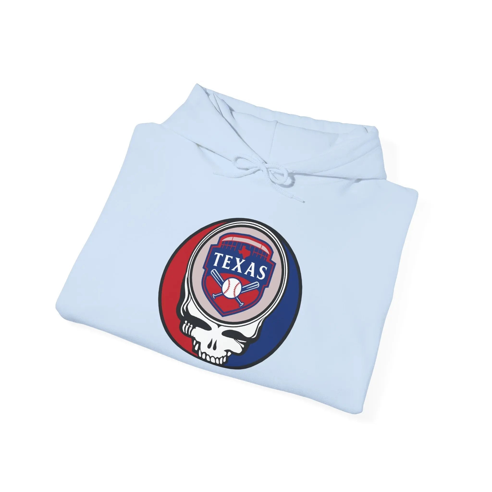 Light blue hoodie folded with drawstring hood and TEXAS circular skull graphic