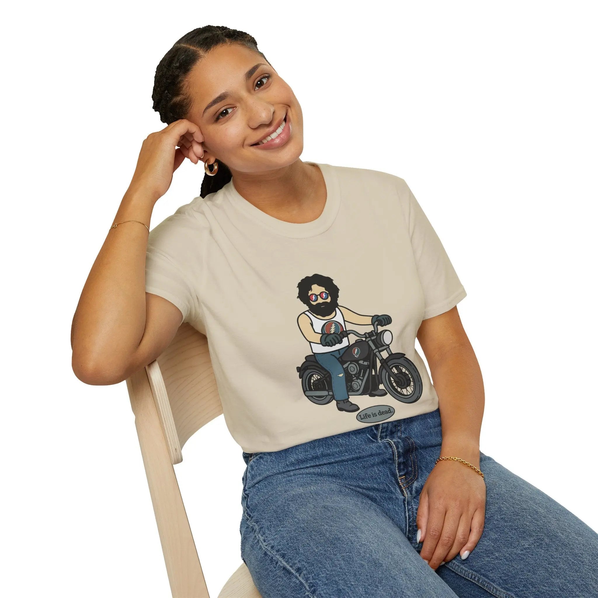 White crew-neck T-shirt with front graphic of a bearded biker on a motorcycle