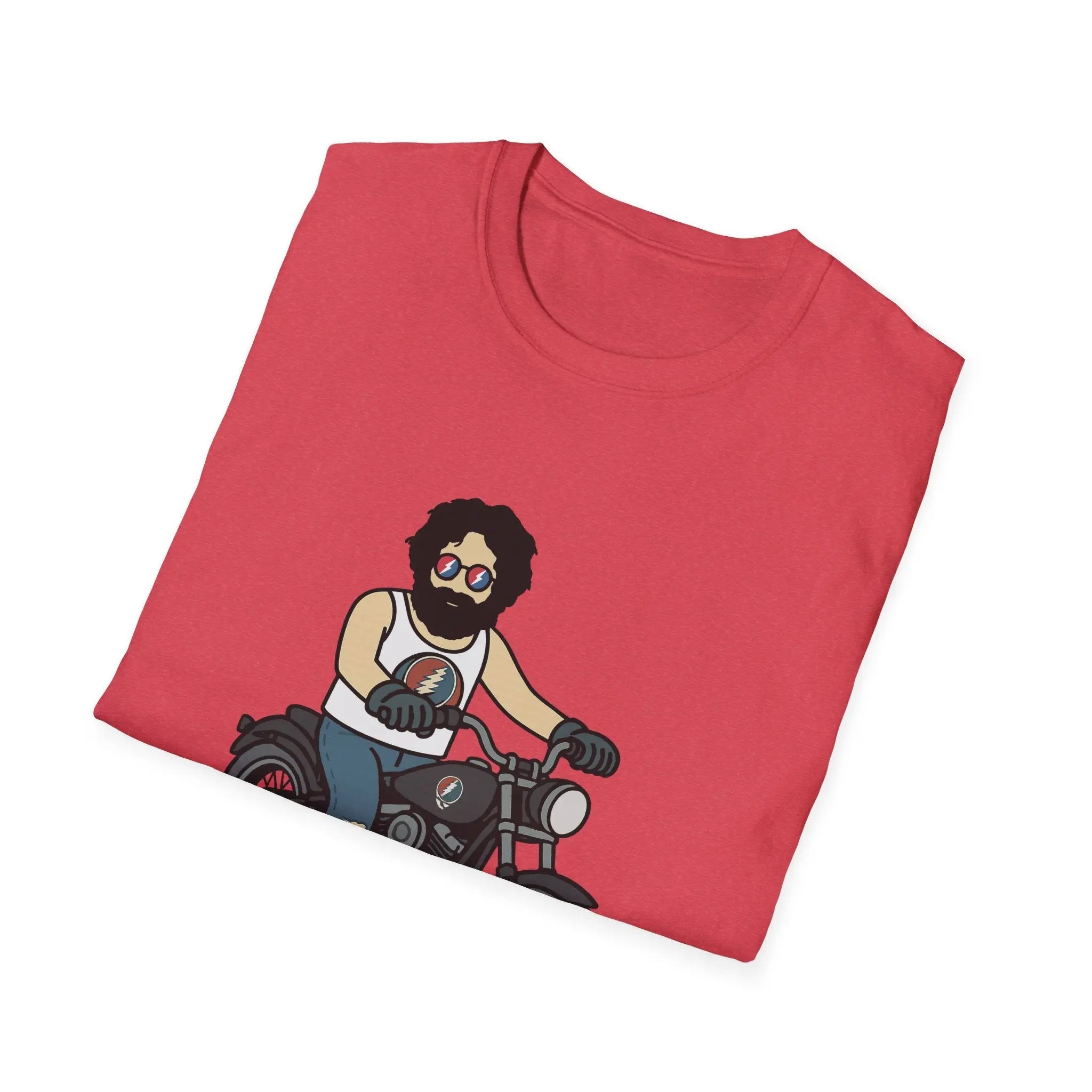 Red crew-neck T-shirt with centered bearded biker on motorcycle graphic