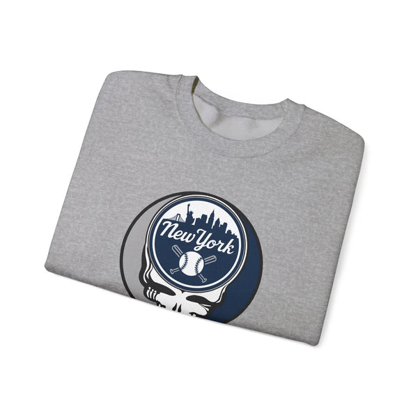 New York Yankees Stealie crewneck sweatshirt, sport grey, angled view with round skull logo