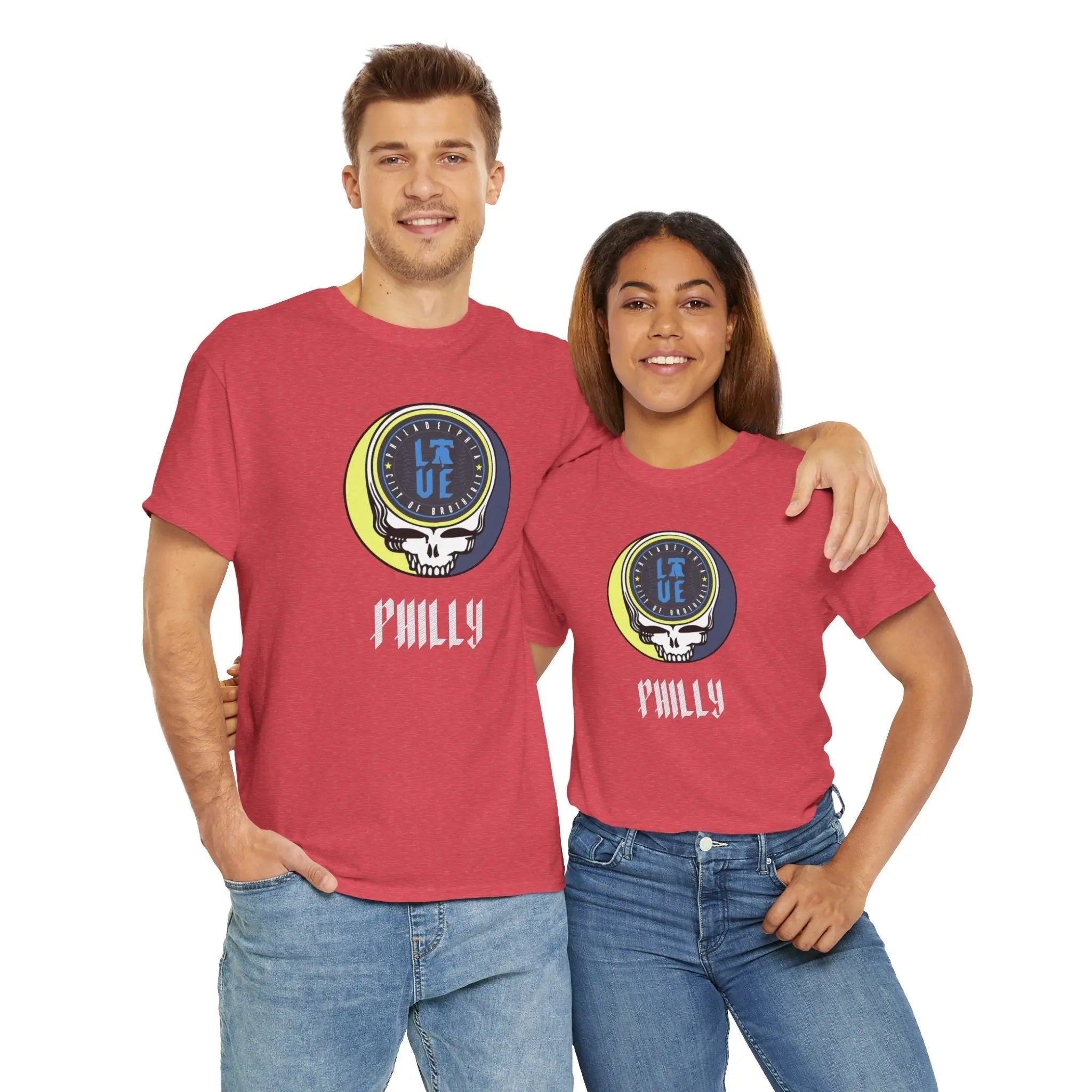 Red crew-neck short-sleeve T-shirt with circular Philly logo graphic