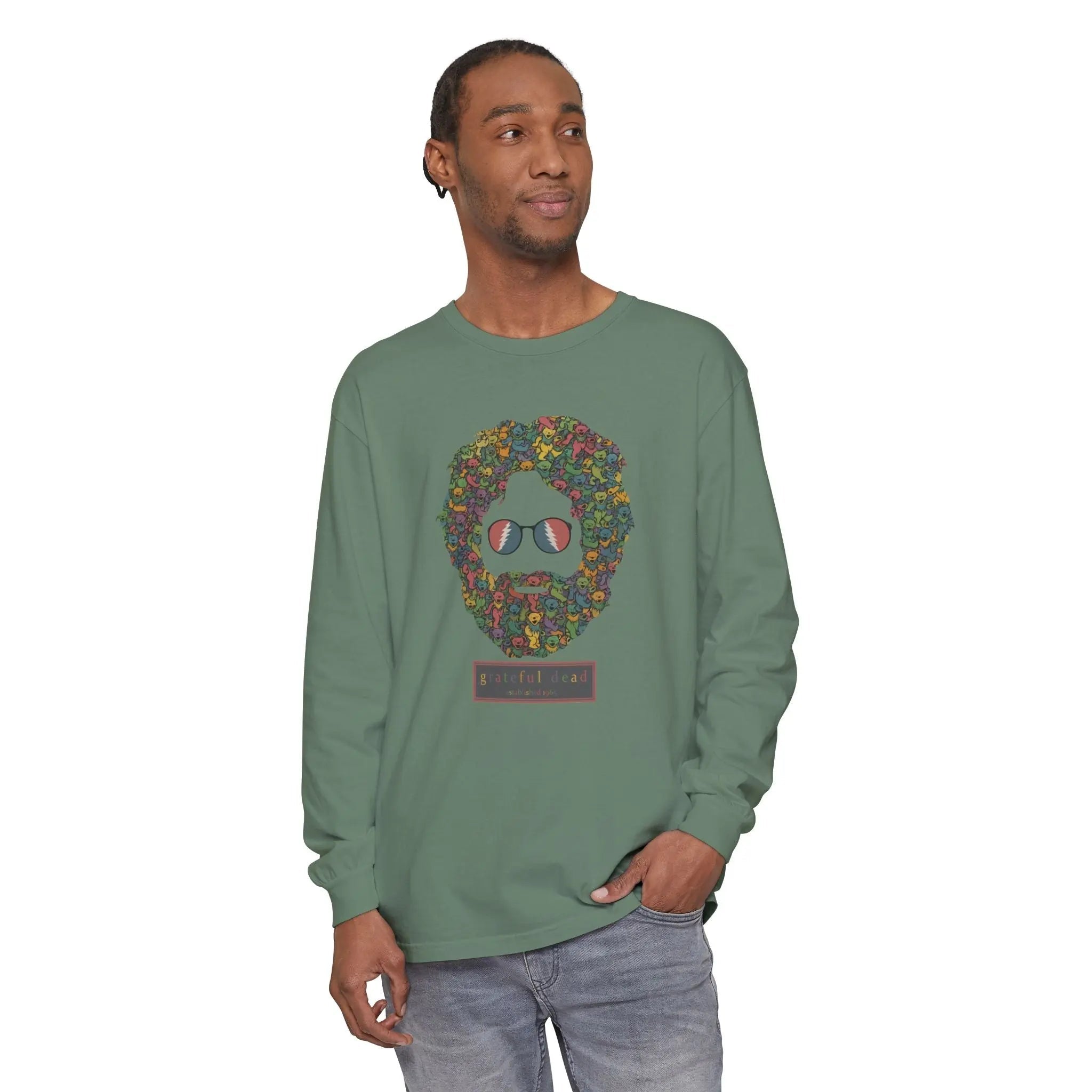 Men's long-sleeve T-shirt in dark green with colorful bearded face graphic at center