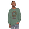 Men's long-sleeve T-shirt in dark green with colorful bearded face graphic at center