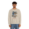 Unisex camping sweatshirt in light sand with illustrated camper, dog, and skull graphic