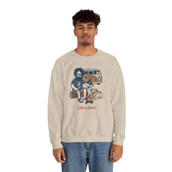 Unisex camping sweatshirt in light sand with illustrated camper, dog, and skull graphic