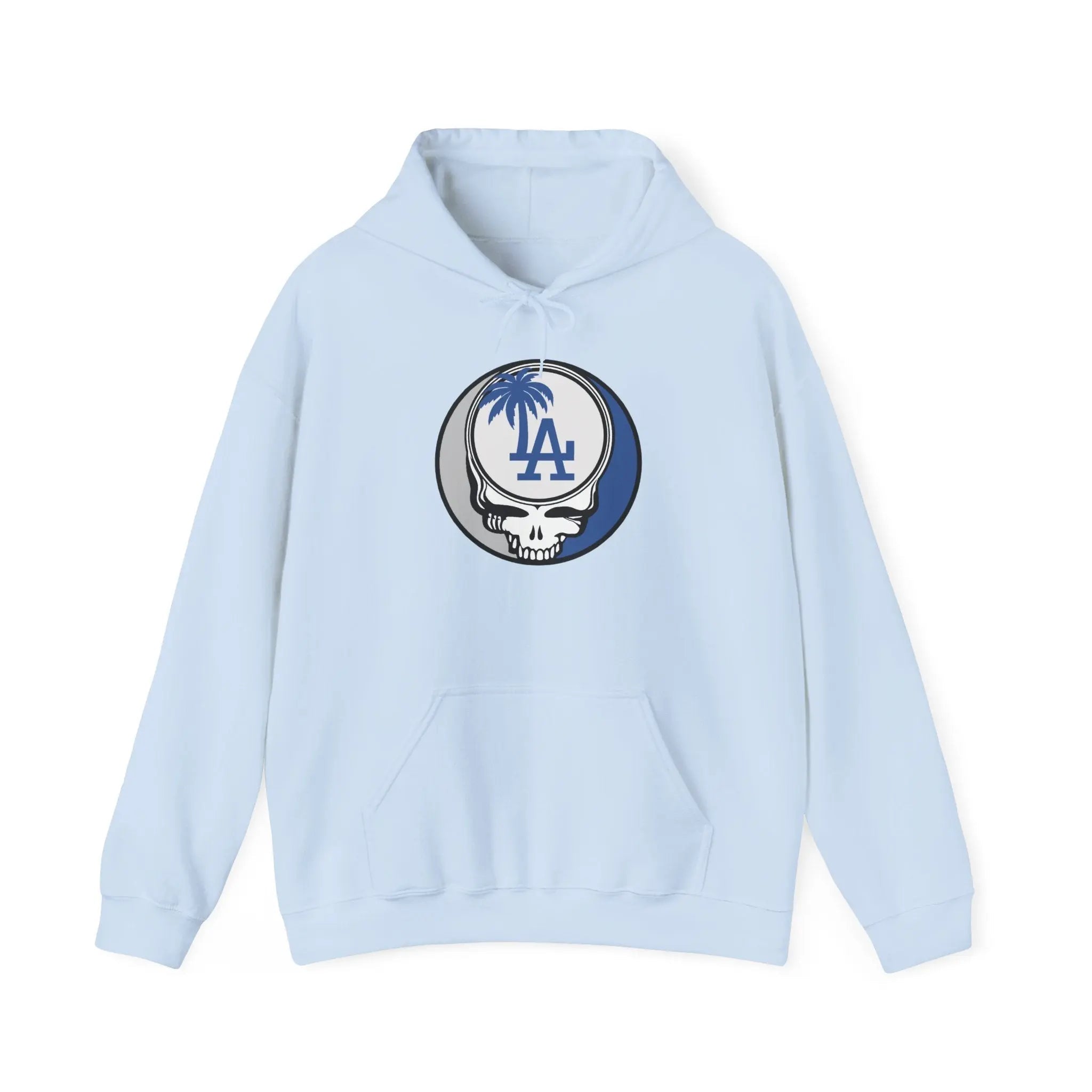 Los Angeles Dodgers light blue pullover hoodie, front LA Stealie logo, kangaroo pocket