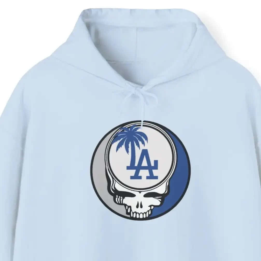 Los Angeles Dodgers light blue hoodie, front LA Stealie logo, pullover hood