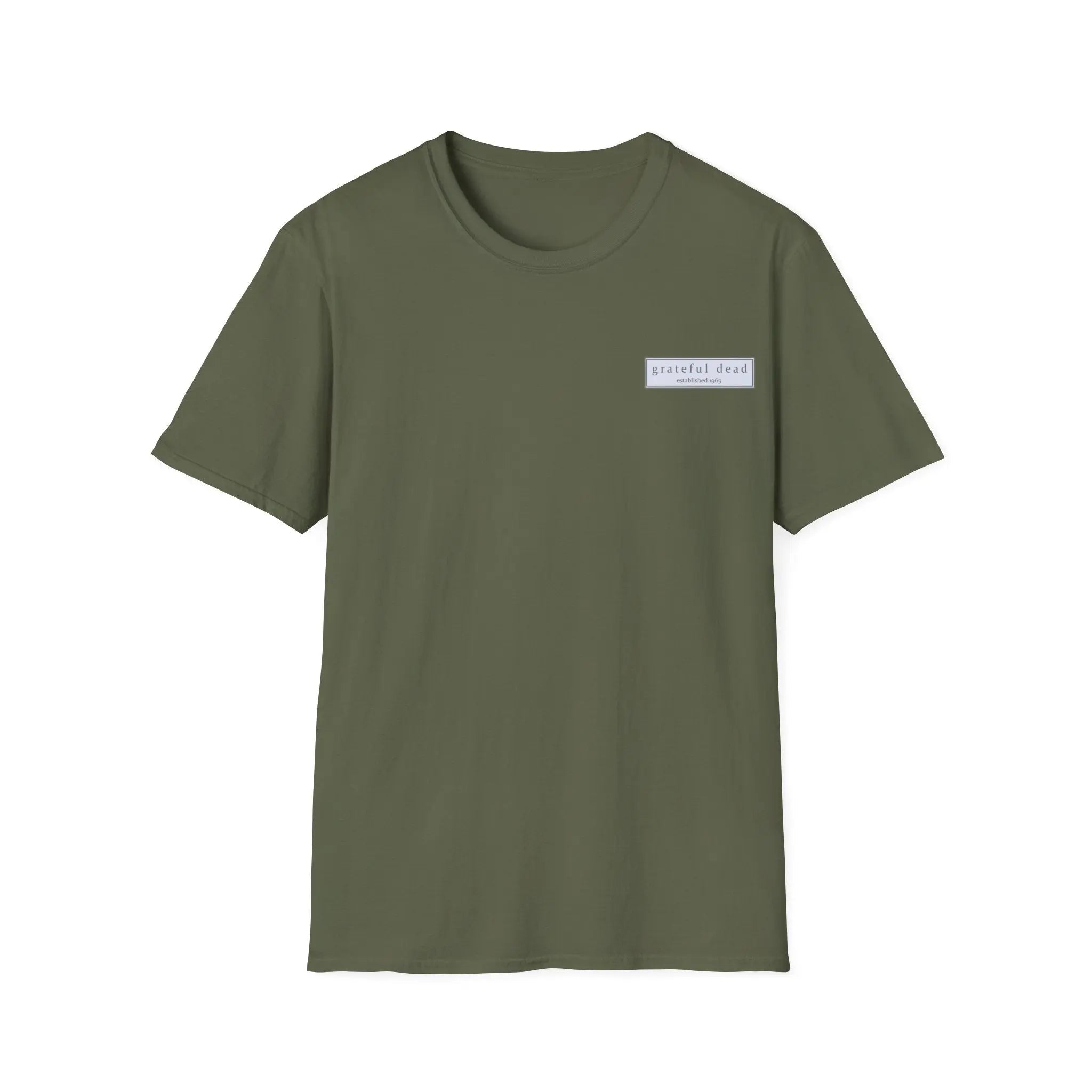 Military green two-sided graphic t-shirt with small rectangular chest logo