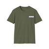 Military green two-sided graphic t-shirt with small rectangular chest logo