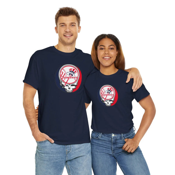 Navy T-shirt with Yankees Stealie skull logo graphic on chest