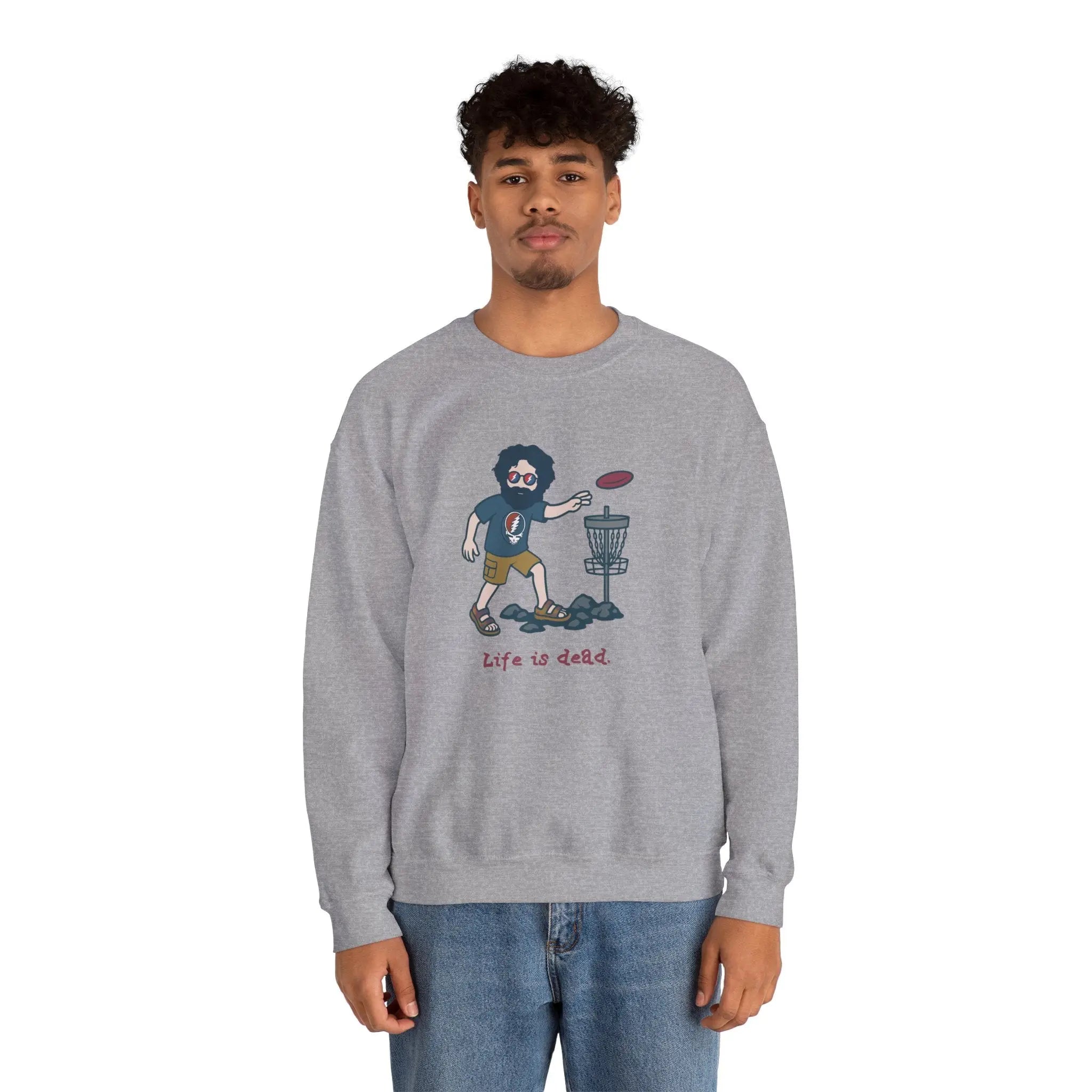 Light gray sweatshirt with cartoon disc-golf graphic on chest