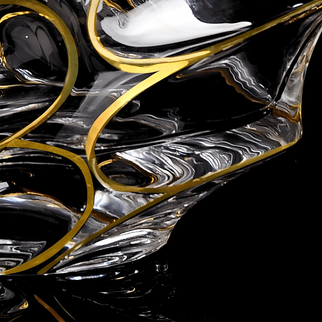 Close-up bottom view of Japanese crystal whisky glass with gold line accents