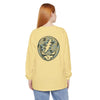 Light green long-sleeve shirt, back print with camo skull emblem, crew neck