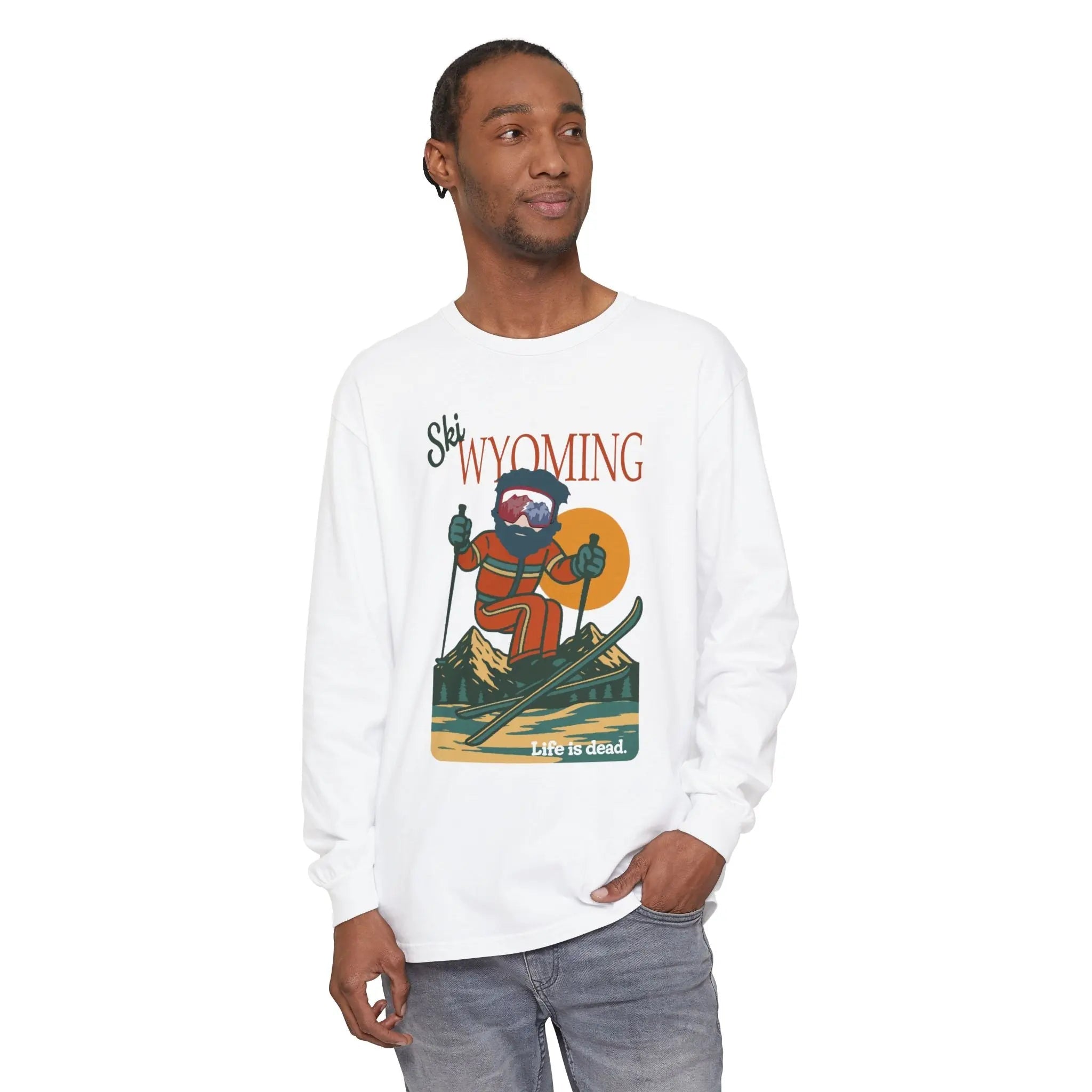 Men's long sleeve graphic T-shirt in white, crew neck, printed front art