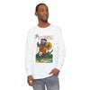 Men's long sleeve graphic T-shirt in white, crew neck, printed front art